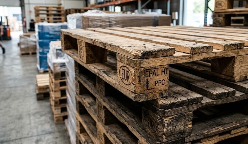 Close-up of EPAL and ISPM-15 heat treatment stamp on recycled pallet